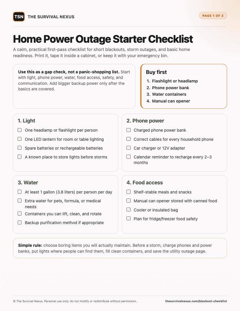 Page 1 of the printable home power outage checklist: light, phone power, water, and food access sections with tick boxes