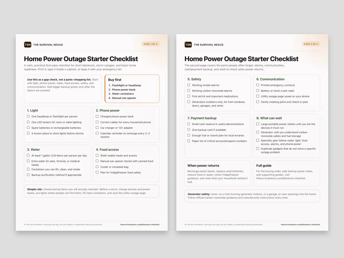 Two printed pages of the home power outage checklist