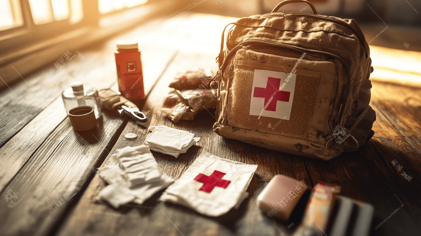 A well-organized emergency trauma first aid kit spread out on a rugged wooden surface. The kit includes bandages, hemostatic gauze, a tourniquet, medical scissors, antiseptic wipes, and a pair of latex gloves. The background is slightly blurred, with a tactical backpack partially visible, suggesting a survival or emergency setting.