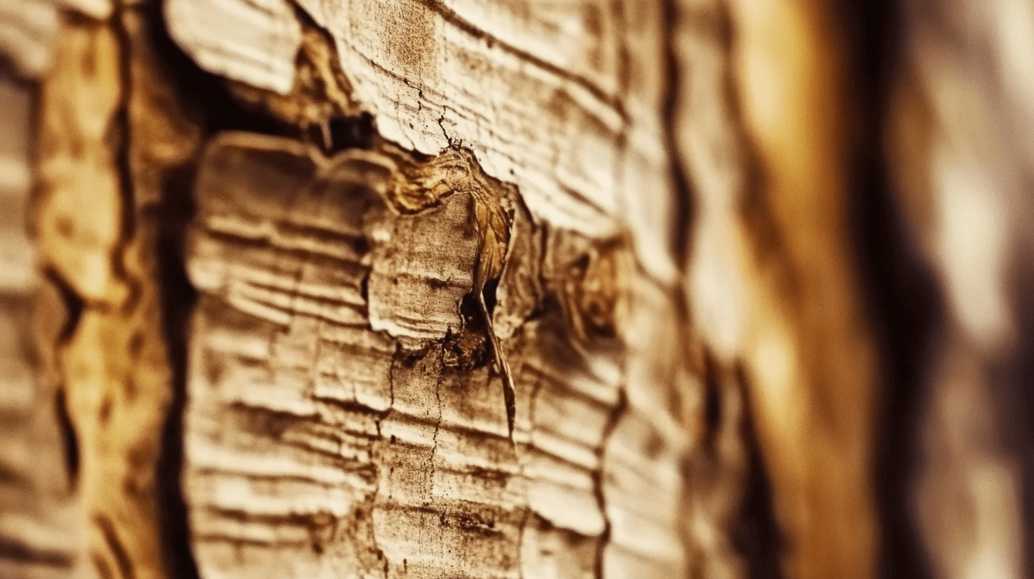 Close-up of the inner bark of a birch tree, partially peeled back to reveal its fibrous, nutrient-rich layers. The texture is rough yet delicate, with natural striations and earthy tones. Small curls of bark hang from the tree, showing signs of careful harvesting. Sunlight filters through the dense forest canopy, casting soft shadows on the tree’s rugged surface.