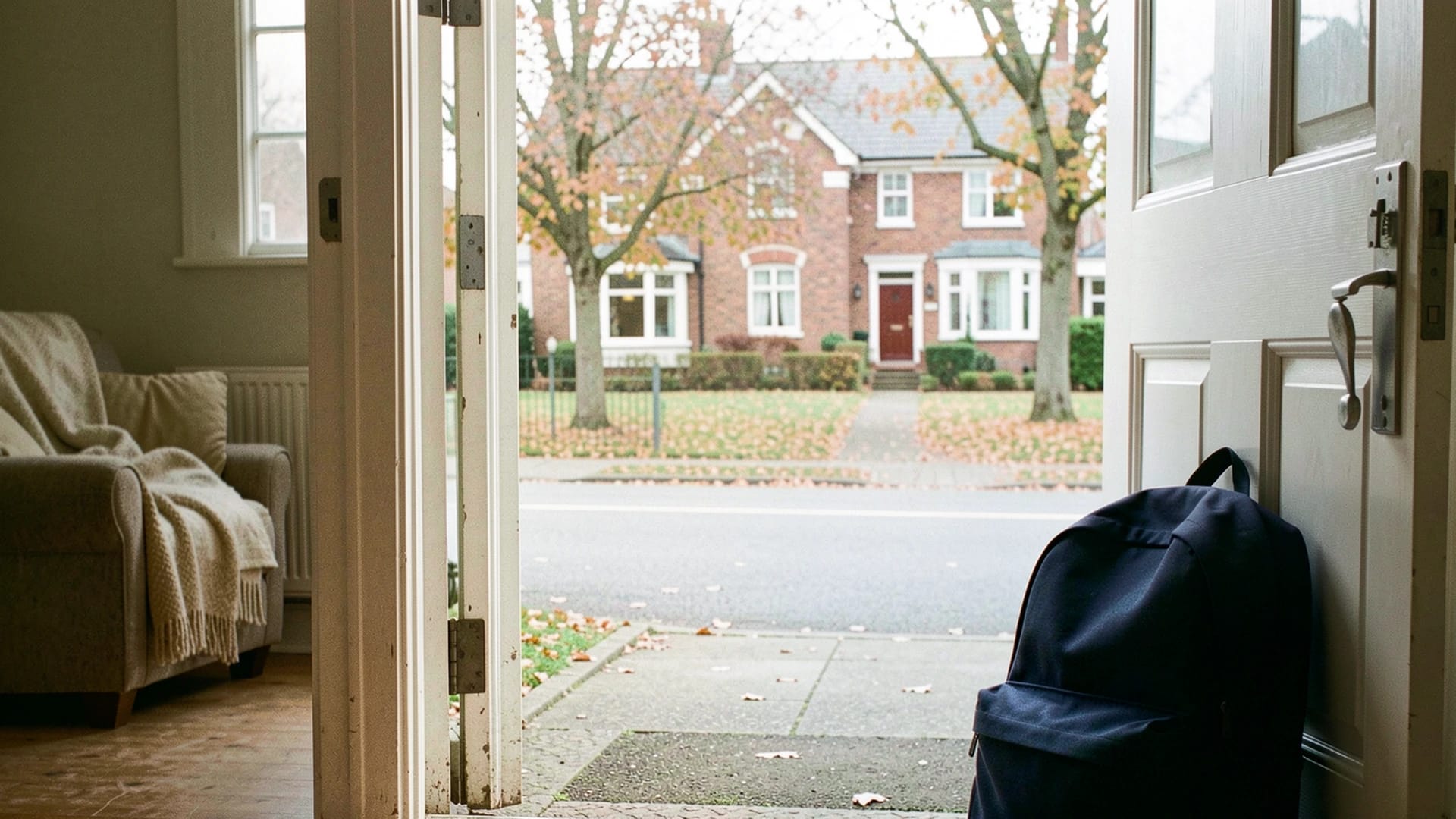 A backpack beside an open front door, with an armchair inside and a residential street beyond.