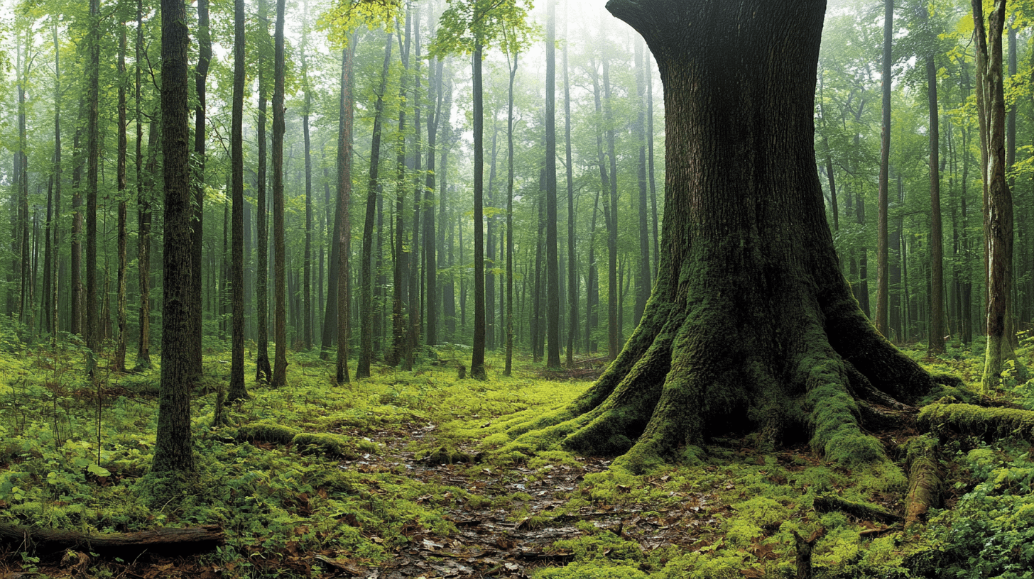 A lush, dense forest featuring a variety of essential survival trees such as oak, pine, birch, and willow. Sunlight filters through the towering canopy, casting dappled shadows on the forest floor covered in moss, fallen leaves, and scattered pinecones. The atmosphere is serene yet rugged, evoking the importance of nature in survival.