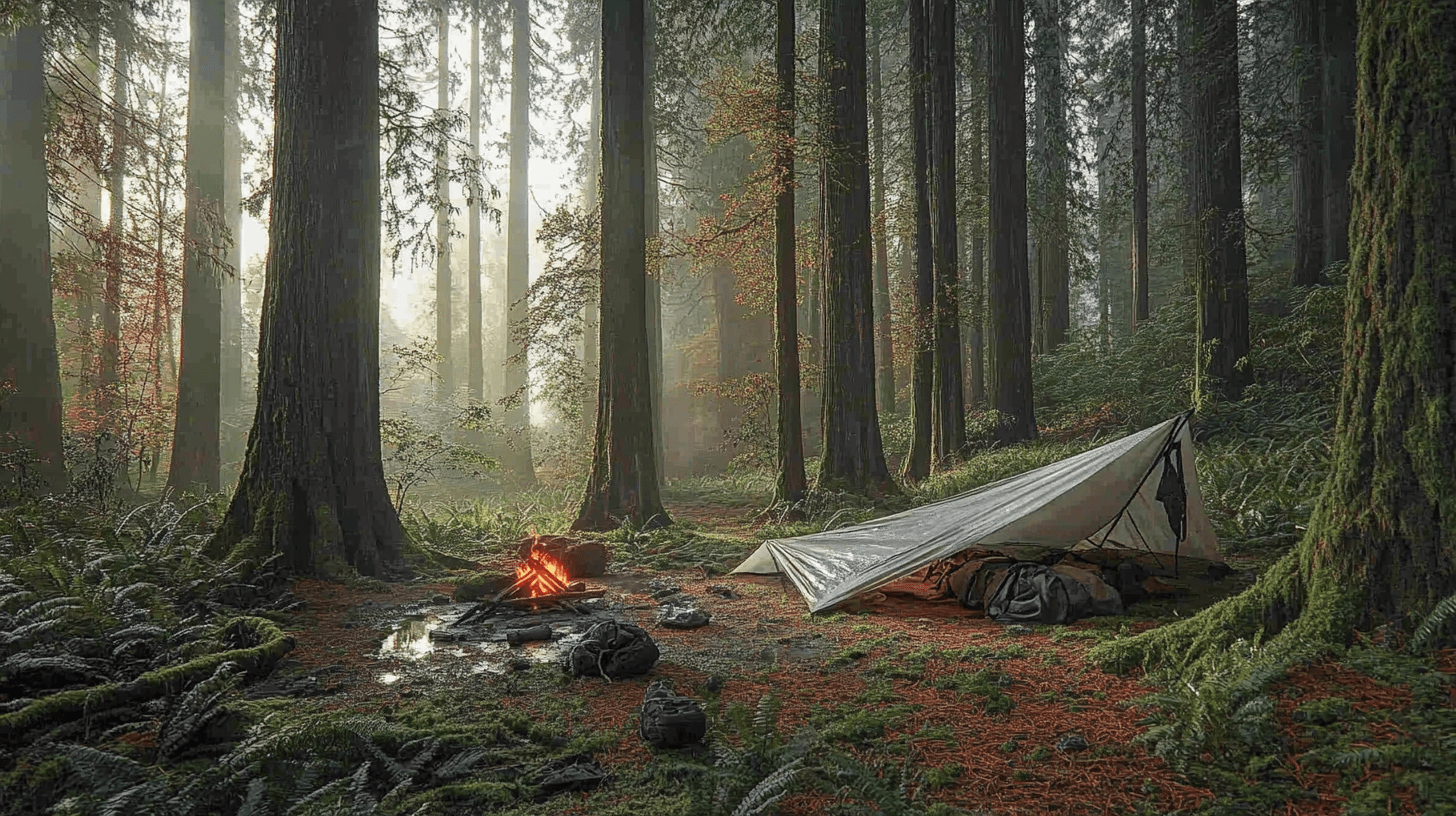 A rain-soaked forest clearing at dawn: a single sagging tarp shelter collapsed under pooled water, an overturned rucksack spilling damp clothing and spoiled food, a makeshift splint lying beside a muddy boot, extinguished fire ring filled with soggy ashes, scattered traps left untended; cool mist coils between dark pines, muted greens and browns accentuate isolation and exhaustion