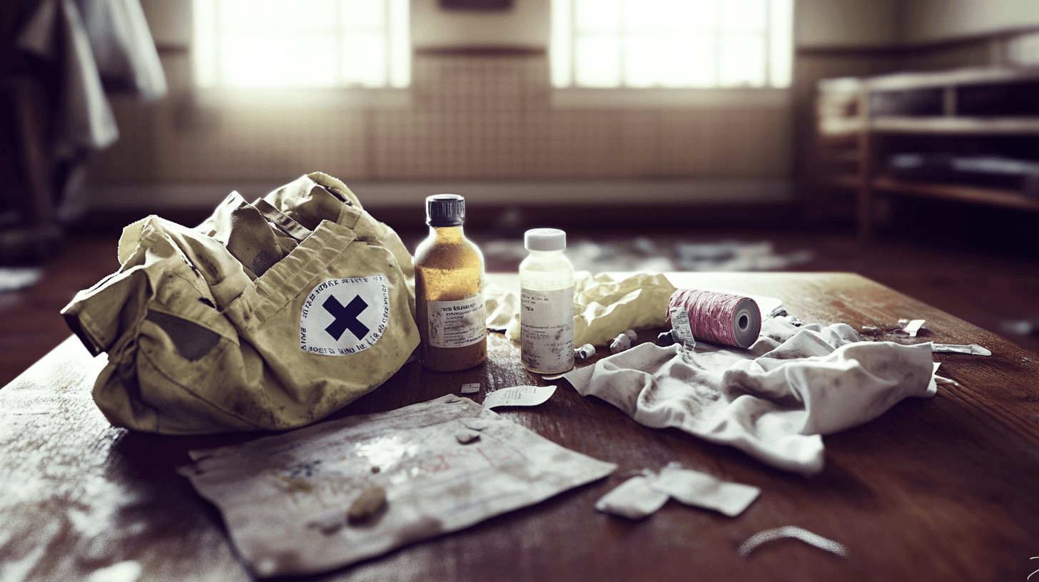 A rugged, makeshift medical setup on a worn wooden surface, featuring a field trauma kit laid open—gauze rolls, antiseptic bottles, gloves, a tourniquet, tape, and a weathered first aid manual. Nearby, a half-used bottle of iodine and scattered bandage wrappers suggest recent use. The dimly lit room in the background has cracked tiles, broken shelves, and a dusty window.