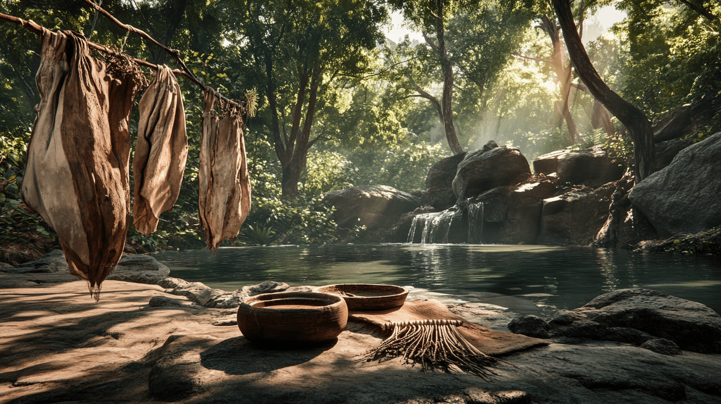 A quiet, untouched forest clearing with signs of ancient survival skills--bundles of dried herbs hanging from tree branches, a woven fish trap submerged in a clear stream, and animal hides stretched on wooden frames for tanning. A hand-carved wooden bowl and primitive clay pots rest on a large flat rock, hinting at a way of life long forgotten.