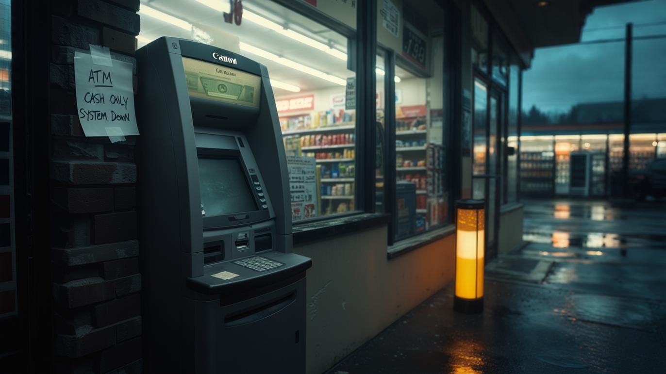 A photorealistic convenience-store entry at dusk during a grid/Internet outage: the ATM screen dark with a taped paper sign reading "CASH ONLY SYSTEM DOWN," credit-card terminals at the counter unlit, a handwritten "Cash Only" note by the register, shelves dimly visible, rain-wet pavement reflecting the storefront, subtle emergency lantern glow inside but no bright lights