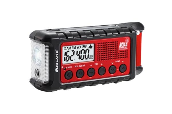 Red-and-black Midland emergency radio with digital display and flashlight