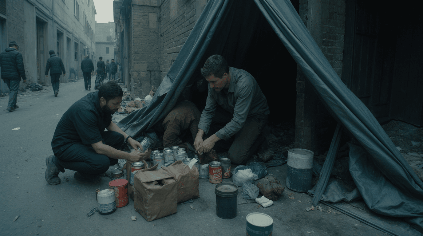 Photograph of a barter interaction in a post-collapse alleyway: a survivor performs first aid on a wounded man beneath a tarp shelter in exchange for cans of food and hygiene supplies placed on a makeshift table. The background features weathered brick walls, scattered tools, and other survivors in the distance preparing gear.
