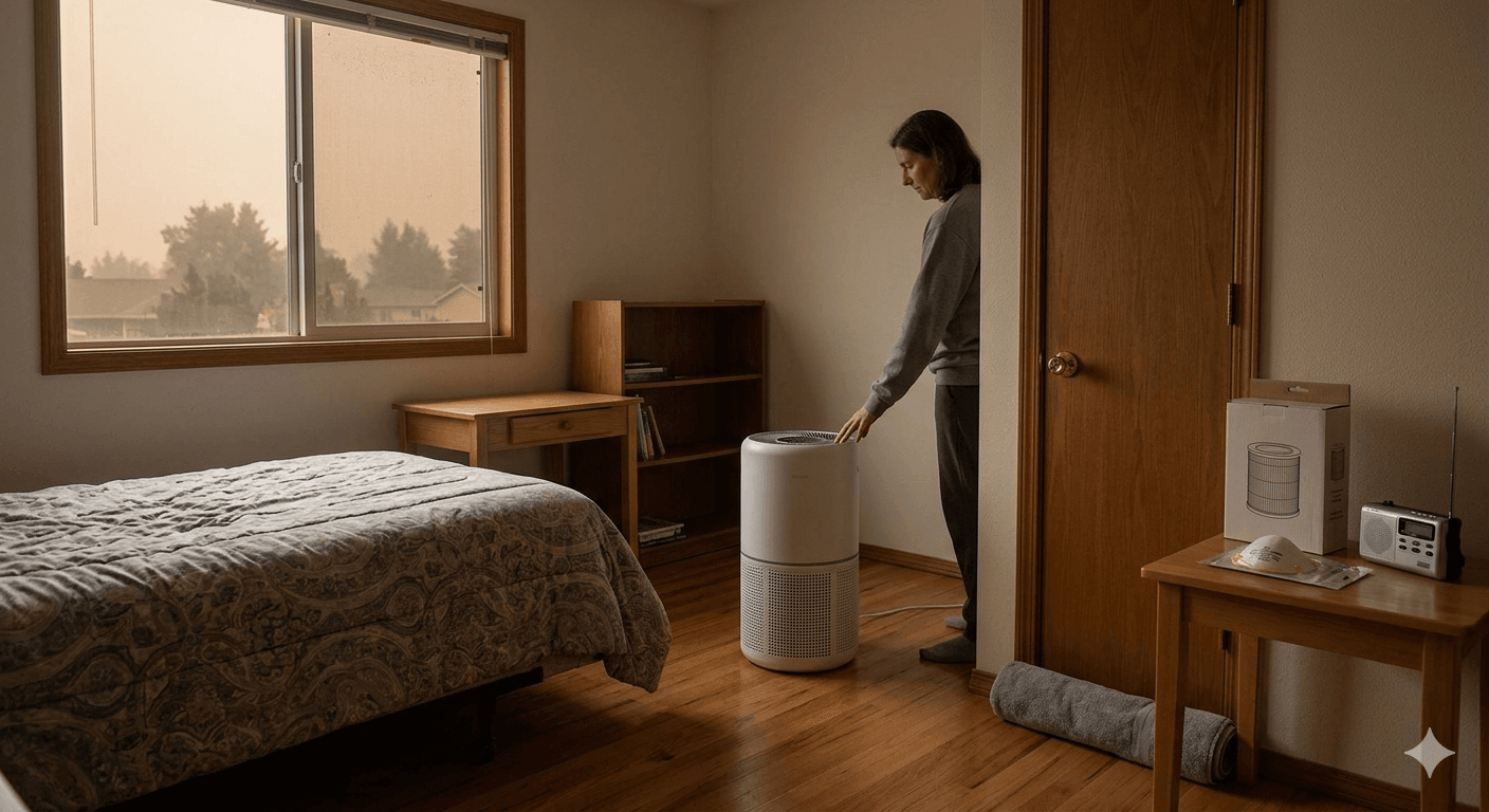 Realistic photo of a normal bedroom or small home office set up as a clean-air room during wildfire smoke conditions. A portable HEPA air purifier is running on the floor near the center of the room, with clear space around the air intake and outlet. The window is closed, with a faint orange-gray smoky sky visible outside. A towel or simple draft stopper is placed along the bottom of the door. A spare filter box, an N95 mask, and a small weather radio sit neatly on a side table.
