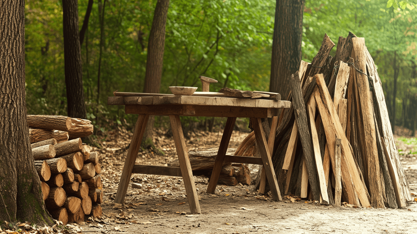 A primitive outdoor survival workshop set deep in the forest—featuring a rough wooden workbench with handmade tools like a stone axe, flint, and cordage made from natural fibers. Around the area are signs of old-world skills: firewood neatly stacked, a simple clay pot drying, and a woven basket in progress. No people, just the environment and tools of self-reliance.