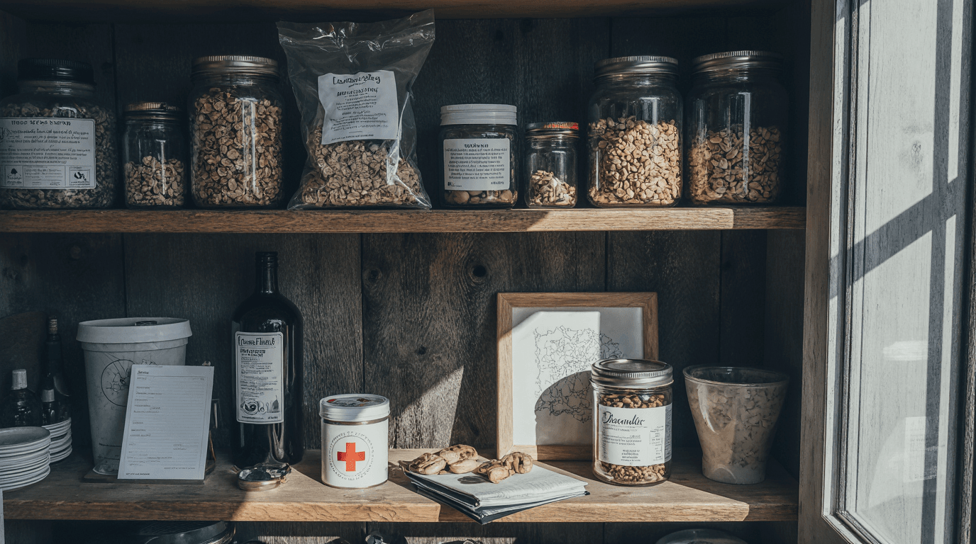 An off-grid cabin pantry styled for cardiac resilience: rustic wooden shelves stocked with oats, dried beans, lentils, tinned fish, olive oil, nuts, and low-sodium seasonings; a clay water filter on the counter, a manual blood-pressure cuff hanging from a hook, a small first-aid tin, paper BP logbook with pen, compact solar charger and AA batteries neatly arranged; afternoon window light rakes across wood grain and matte metal