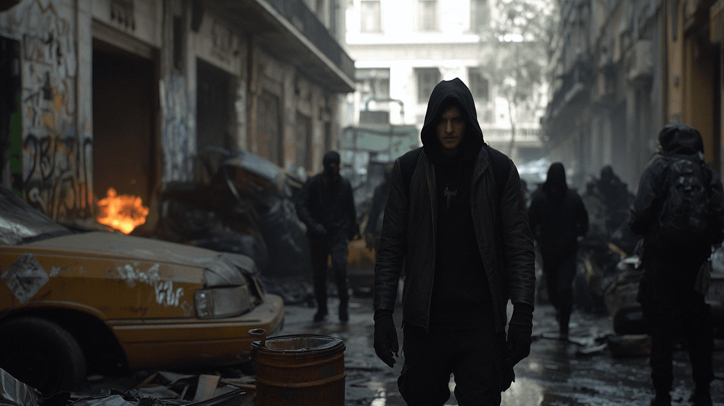 A single figure, dressed in dark clothing with a hood up, moves quickly through an alleyway, escaping the chaos of a violent mob rampaging in the background. The streets behind are filled with overturned cars, burning trash cans, and shadowy figures clashing. The escapee remains in partial silhouette, emphasizing urgency and stealth.