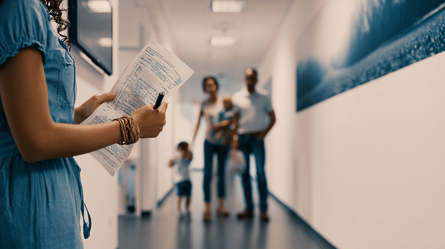 Close-up scene in a U.S. urgent care or hospital hallway during a systems outage, nurse holding a paper chart and pen, handwritten notes and printed forms visible, wall-mounted computer terminal powered off, family standing nearby with a small folder of documents, calm but strained atmosphere, accurate clinical details, realistic textures, shallow depth of field, high-detail photographic realism, medical continuity under cyber disruption