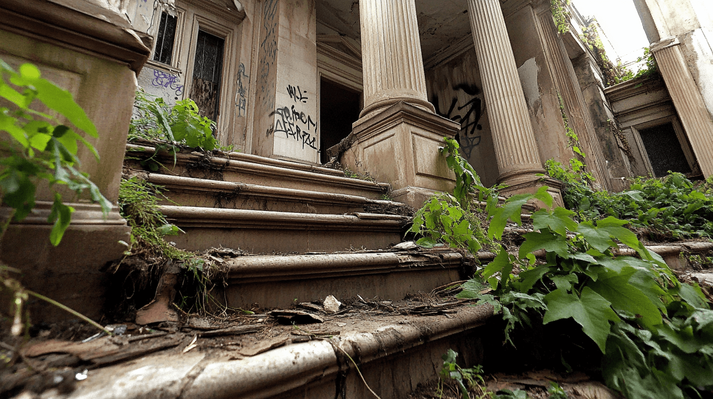 A once-grand courthouse now abandoned and crumbling in a post-collapse urban setting. Cracked stone steps lead to shattered doors, graffiti covers the walls, and broken justice scales lie toppled near the entrance. Weeds and debris have overtaken the steps, symbolizing the fall of the old legal system.