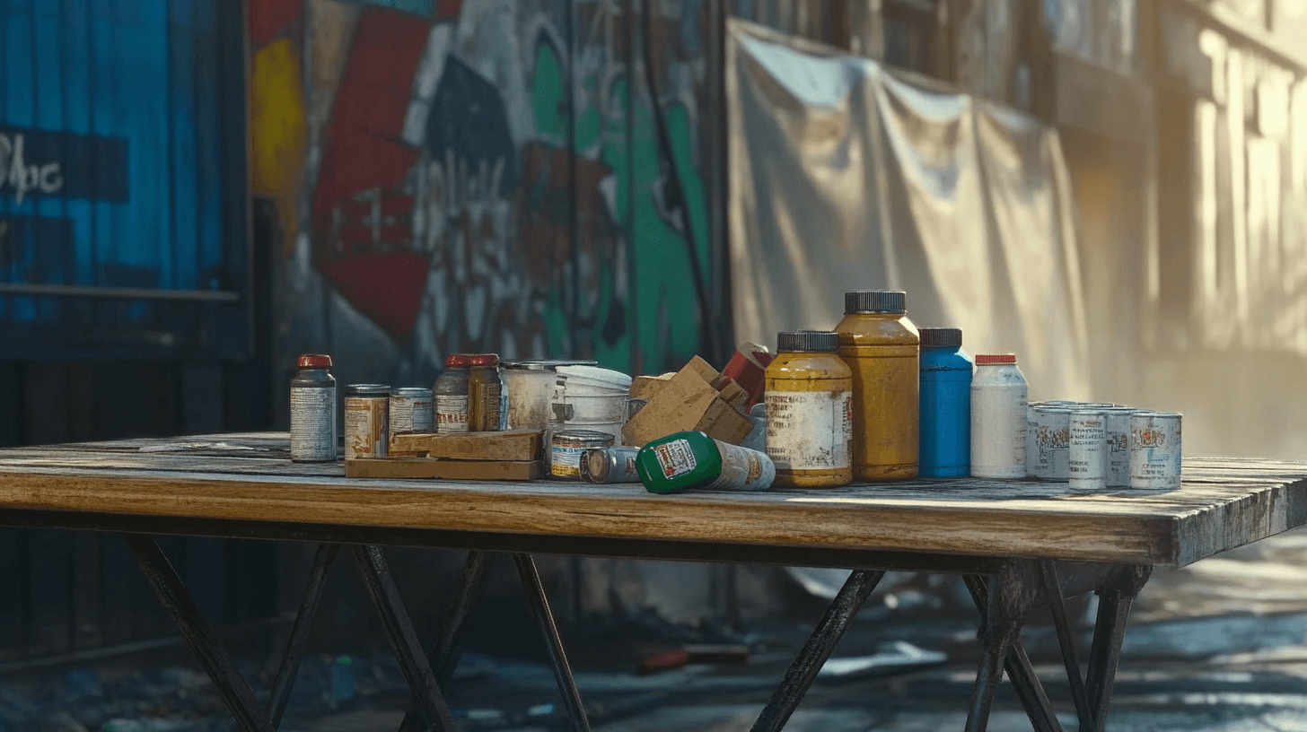 A makeshift market stall built from salvaged wood and metal, set in an abandoned urban alleyway. On the table lie essential barter goods: canned food, water bottles, small fuel canisters, medicine, batteries, and lighters. The background shows crumbling walls, torn tarps, and faint graffiti, with faint light filtering through cracks.