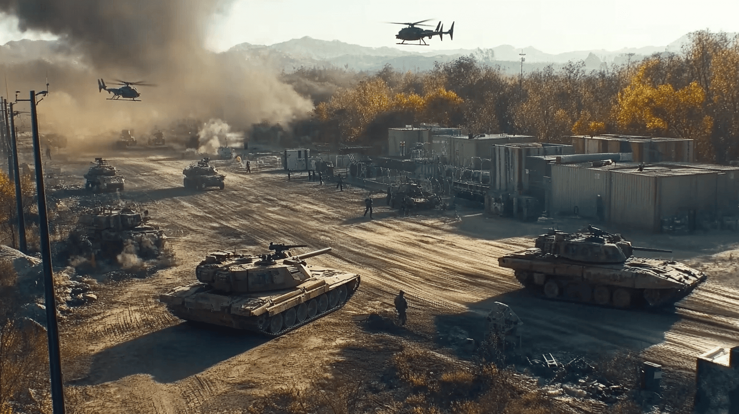 A massive military buildup on the horizon--long convoys of armored vehicles rolling through barren landscapes, missile launchers positioned in strategic locations, and naval fleets maneuvering in tense formations. Military drones hover overhead, scanning the battlefield as communication towers relay urgent signals.
