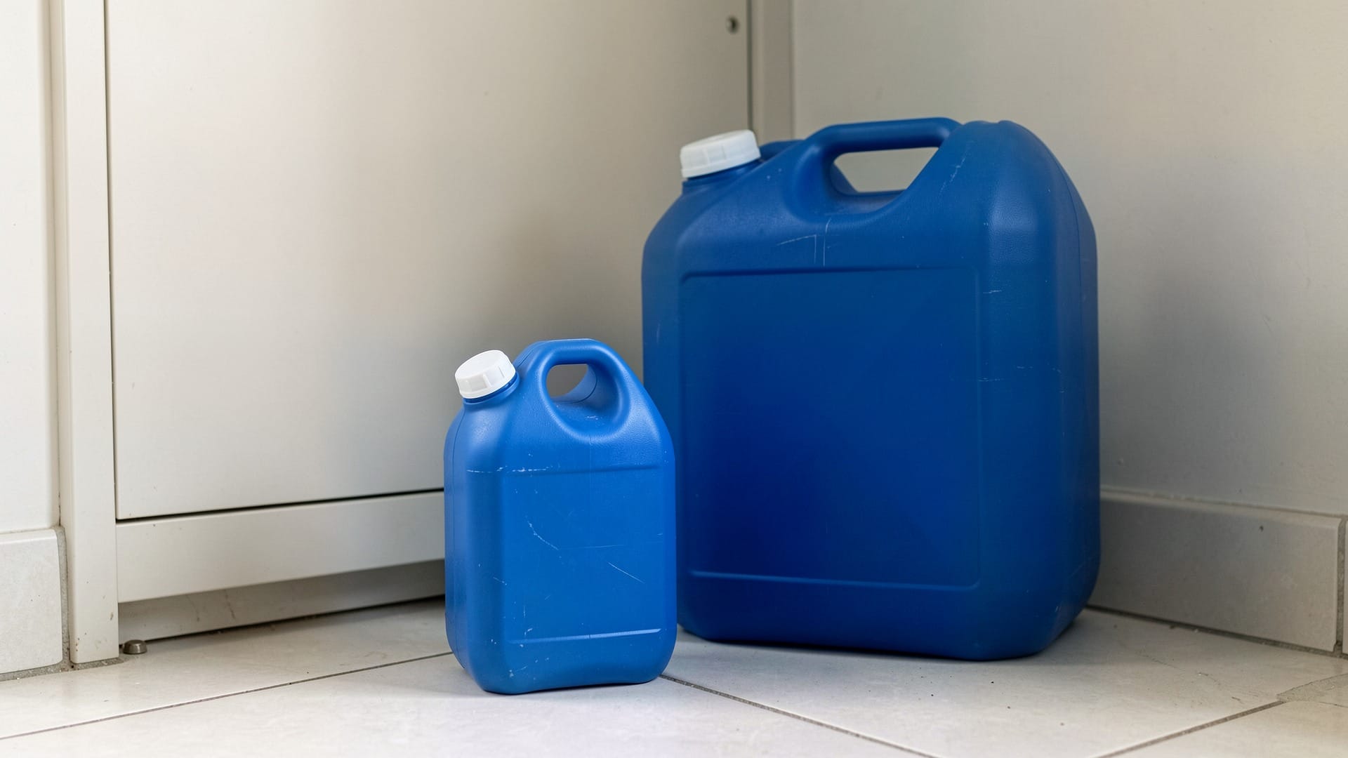 Two blue water containers of different sizes on a tiled utility closet floor. AI-generated illustration; not a product photograph.