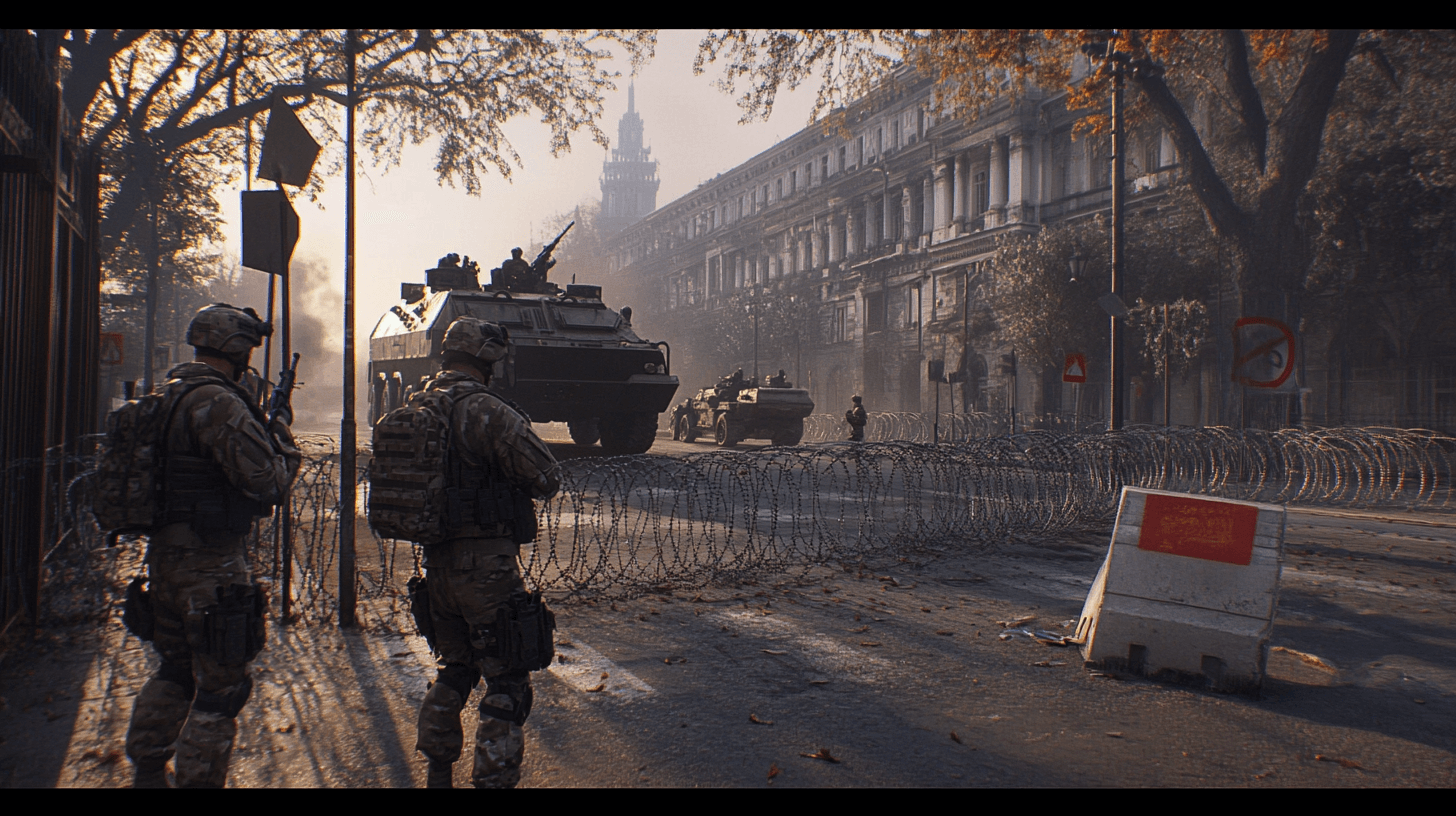 A heavily guarded military checkpoint blocks a deserted urban street during martial law. Soldiers in full tactical gear stand watch, their rifles at the ready, while a large armored vehicle looms behind them. The area is marked with barbed wire, concrete barricades, and warning signs ordering civilians to stop.