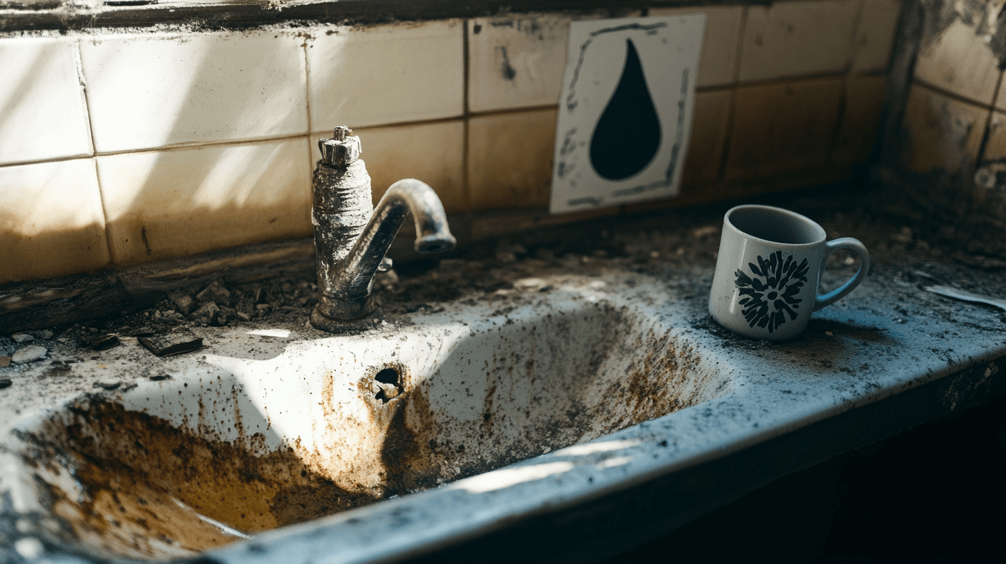 A close-up of a dry, rusted faucet over a stained metal sink in an abandoned urban apartment. Dust has settled around the basin, and a cracked ceramic mug lies on its side. A faded water drop symbol is barely visible on a nearby sticker or wall. The entire scene is silent, forgotten, and dry—symbolizing the moment the water stopped.