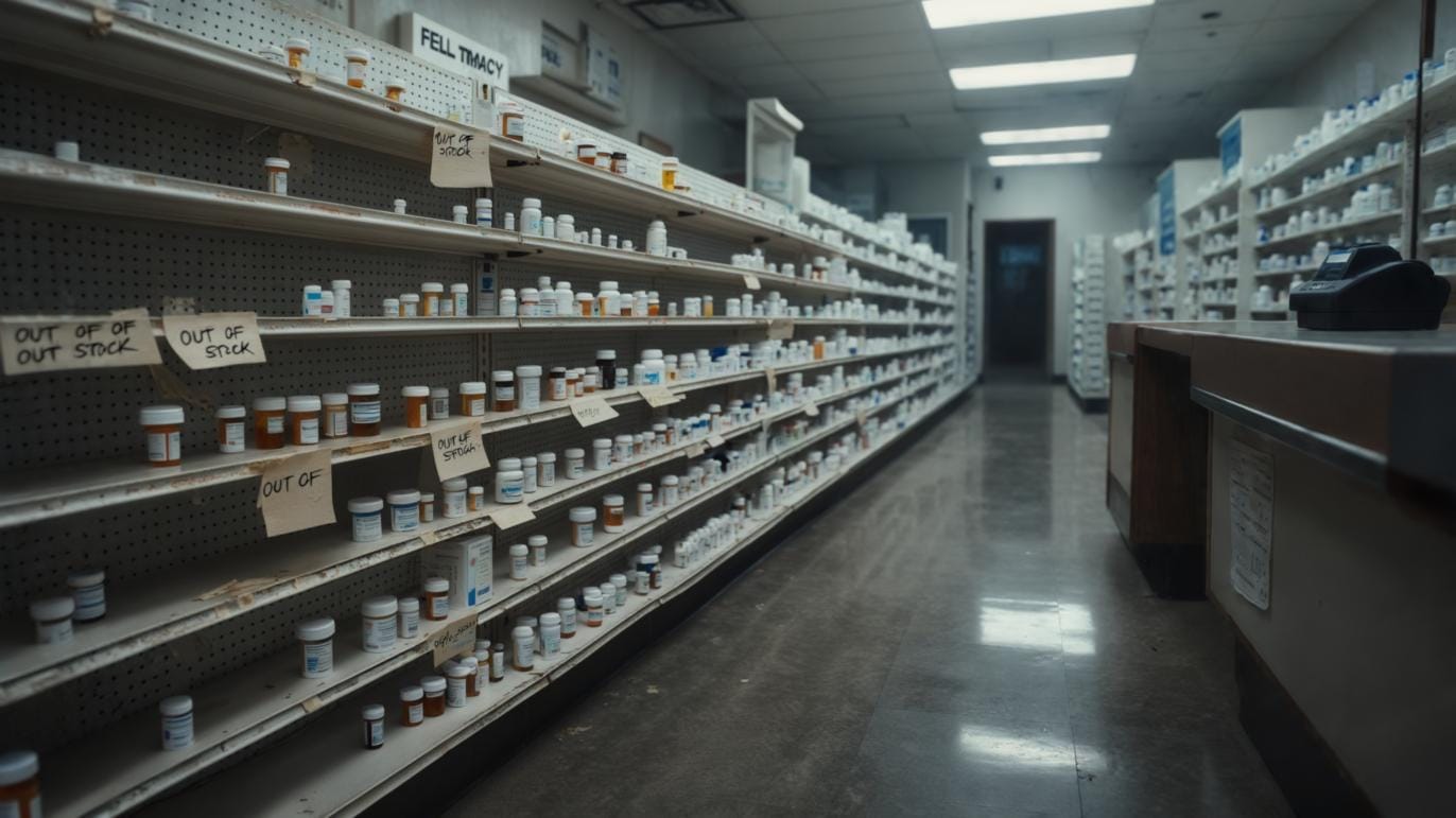 Rows of pharmacy shelving stripped of antibiotics, only a handful of scattered pill bottles remain; multiple handwritten “Amoxicillin – Out of Stock” and “Doxycycline Unavailable” signs taped to bare metal racks; prescription labels curled at the edges, a lone price scanner resting idle on the counter; dim fluorescent ceiling lights cast stark reflections on the polished floor, emphasizing the emptiness and looming shortage