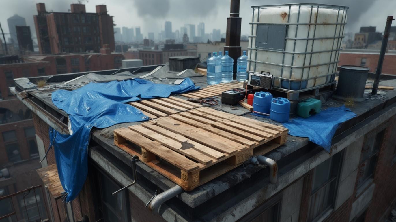A realistic post-disaster rooftop safe zone in the city: blue tarp roof patches secured with battens and sandbags, a pallet-deck platform with neatly coiled rope, gutter downspout feeding an IBC tote rain catchment with inline sediment filter, two tilted solar panels and a small mast-mounted micro-wind turbine, a weatherproof battery box with voltmeter, labeled plastic bins (text indistinct), folding table with lanterns charging and a hand-crank radio, stacked water containers, improvised shade netting, skyline in partial blackout