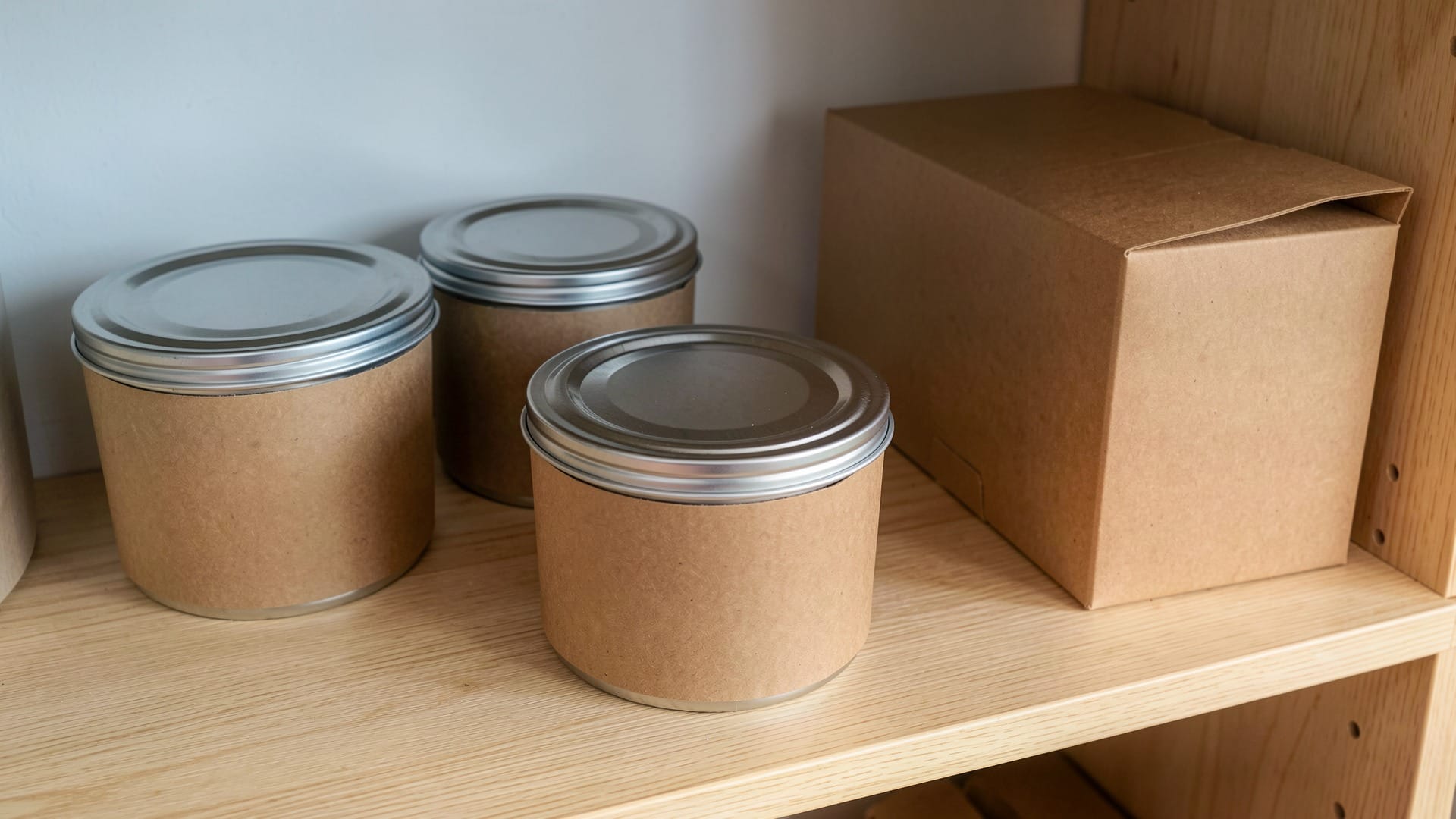 Three closed food tins in plain paper sleeves and a cardboard carton on a kitchen shelf. AI-generated editorial illustration, not a product photograph.