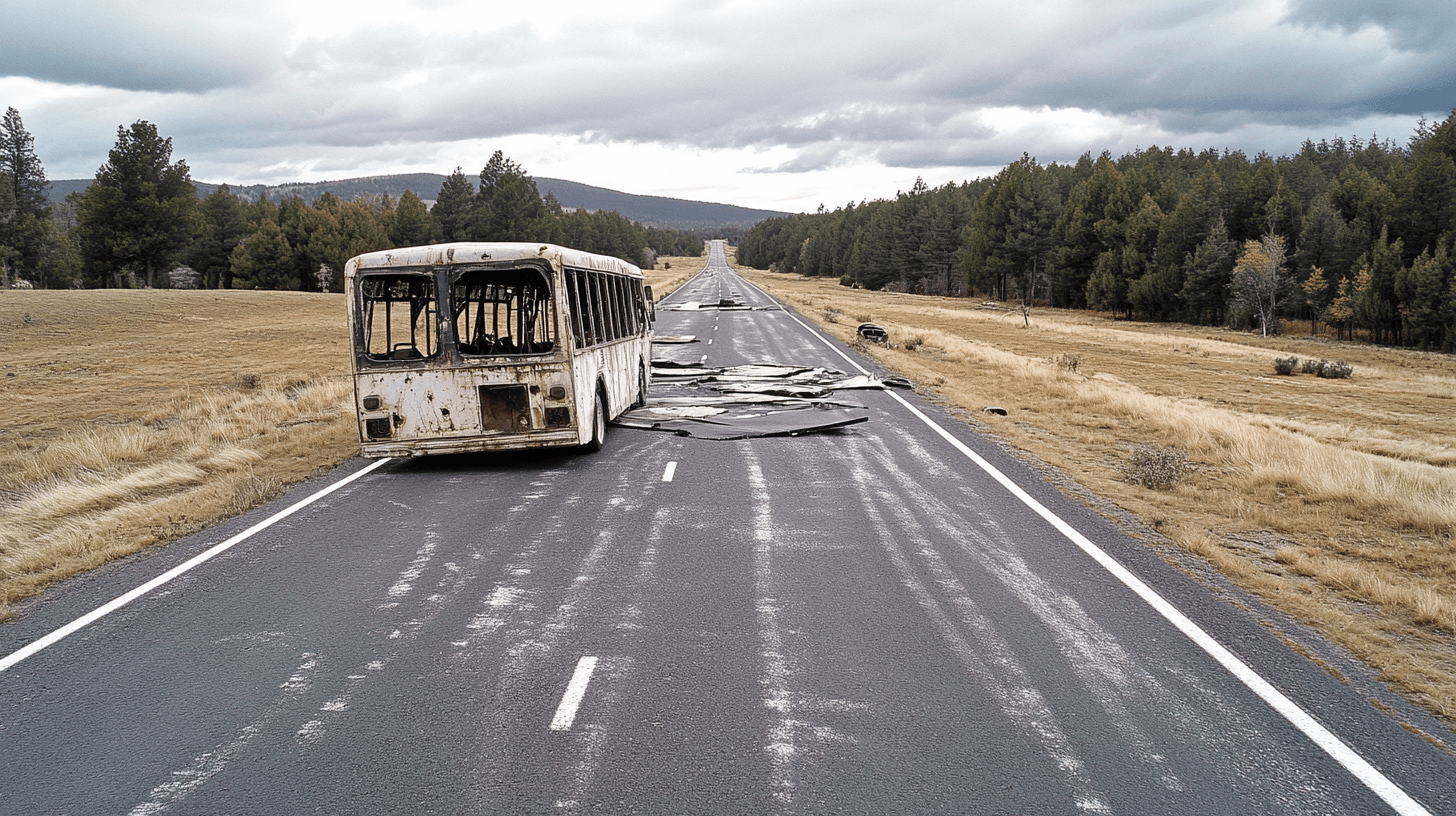 A quiet, remote highway in good condition cutting through open terrain, partially obstructed by two vehicles parked at odd angles across the lanes—appearing hastily abandoned or used to block the road. A few scattered items lie on the pavement, hinting at recent conflict or trap. The sky is overcast, and the scene feels tense and unnaturally still.