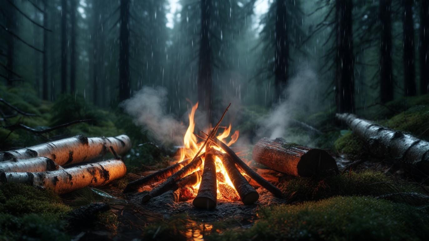 Nightfall in a dense, rain-soaked spruce forest: a small elevated fire lay built on a lattice of wet sticks and flat stones, flames just catching a nest of birch-bark curls and feather sticks while heavy raindrops streak through a beam of head-lamp light; a waxed-canvas tarp, pitched low between trees, channels water away and reflects the warm glow across glistening moss and steaming logs stacked nearby to dry
