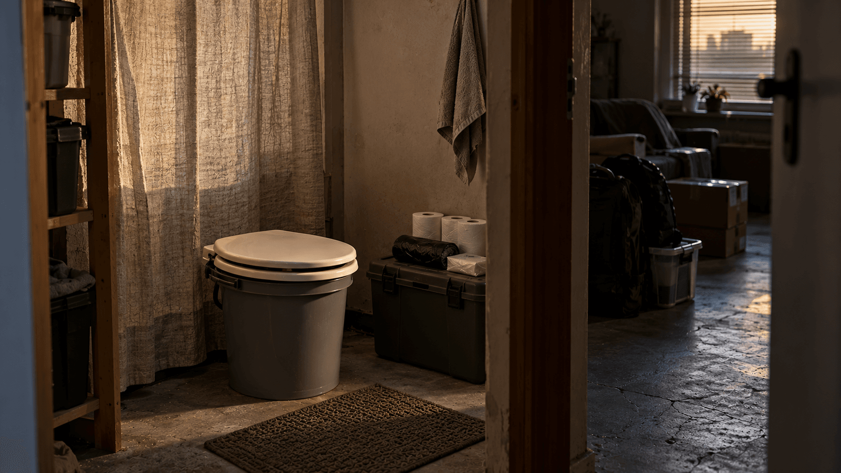 A closed portable toilet and toilet paper in a dry private corner behind a curtain. AI-generated editorial illustration, not a tested product photograph.