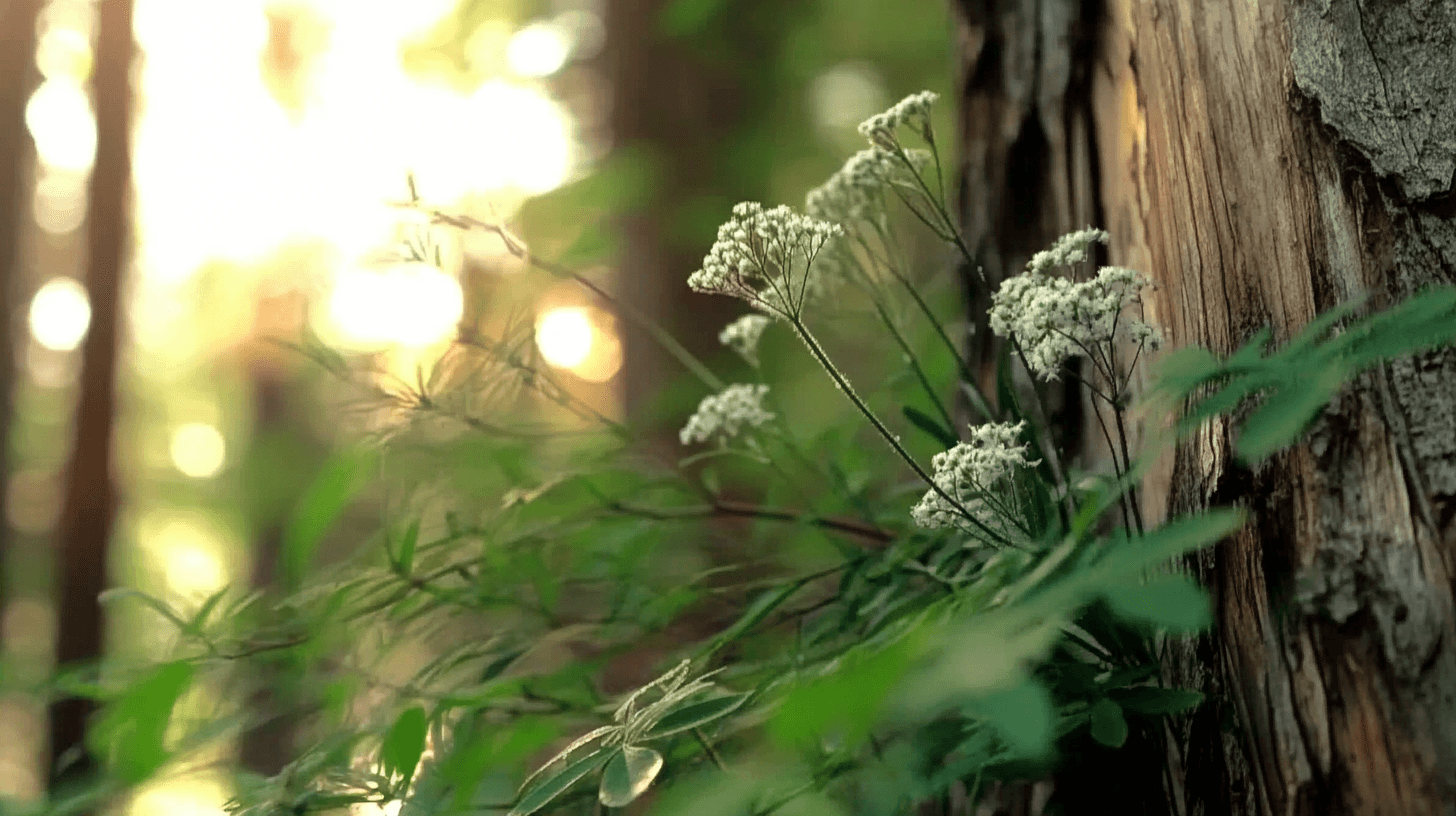A variety of medicinal herbs growing naturally in the wilderness, including willow bark, yarrow, and St. John’s wort. The shot focuses on a cluster of vibrant green leaves and delicate flowers, with detailed textures of each plant visible. The background is softly blurred, showing a lush forest clearing with dappled sunlight filtering through the trees.