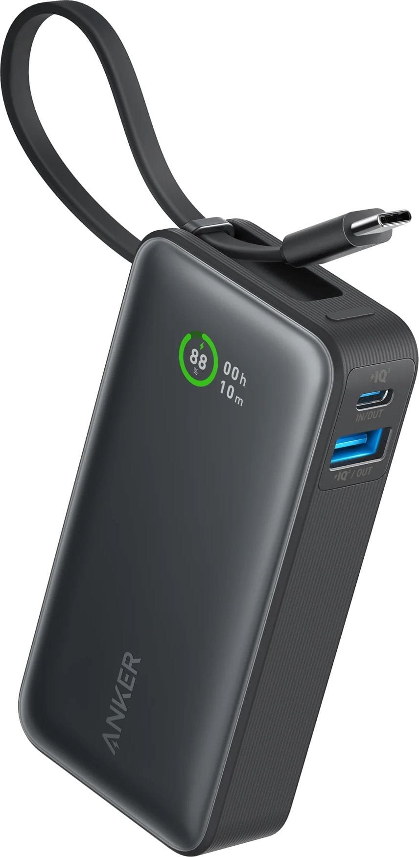 Black Anker Nano power bank with attached USB-C cable and USB ports