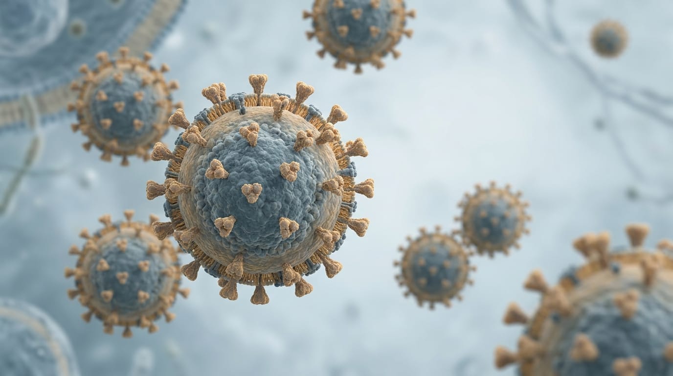 A highly realistic, scientifically inspired visualization of a generic emerging respiratory virus, with several detailed spherical virus particles suspended in a clean microscopic environment. One main
particle in sharp focus, surrounded by smaller softly blurred particles suggesting transmission and uncertainty. Natural biological textures, muted blue-gray and desaturated amber tones, subtle depth of
field, restrained clinical lighting, serious but calm atmosphere. Modern public-health documentary aesthetic, credible and educational rather than frightening, spacious composition with room for a
website headline, realistic proportions, high detail, 16:9 landscape.