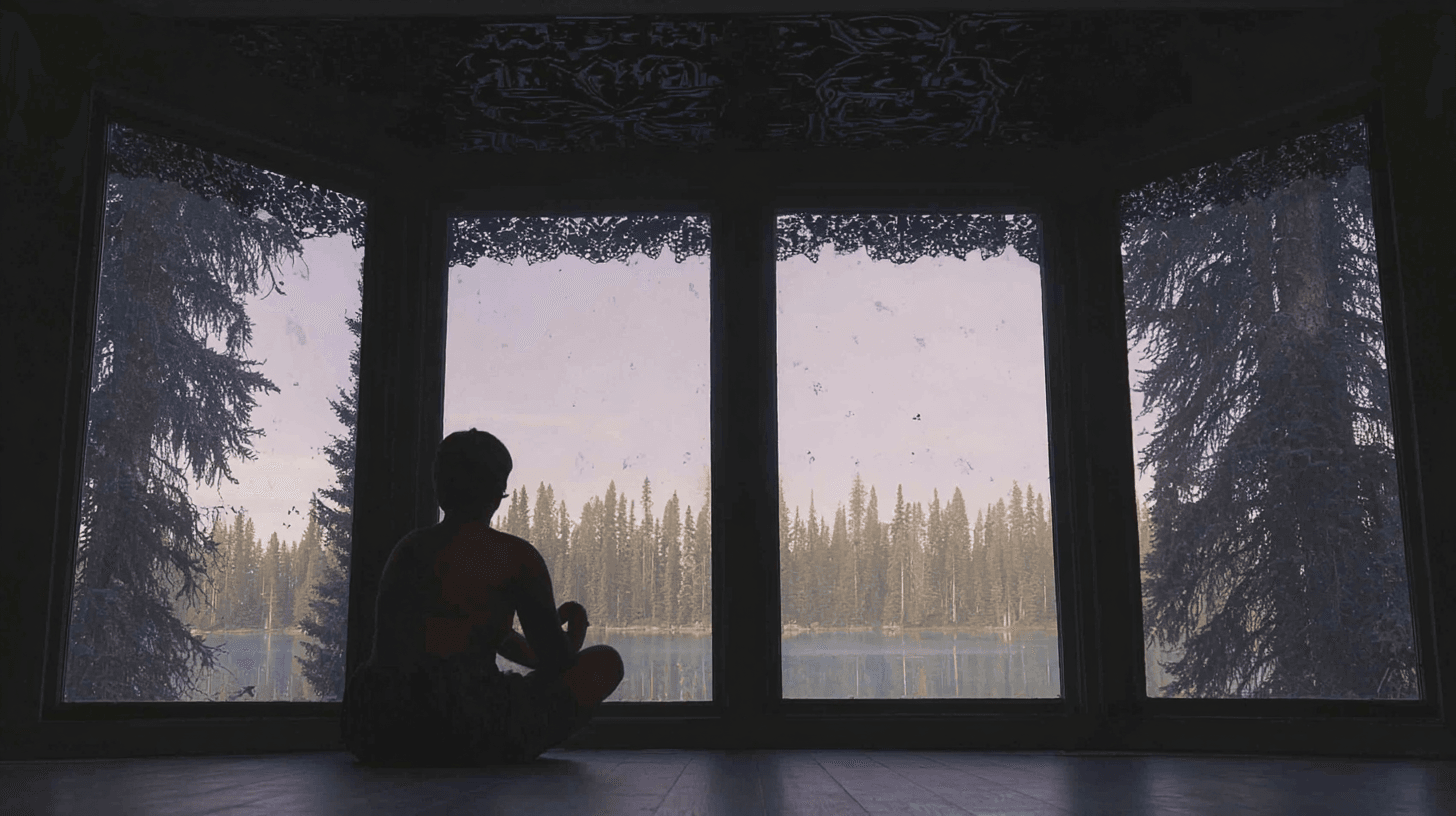 A lone person sitting in a quiet, abandoned cabin surrounded by untouched wilderness, faint daylight filtering through dusty windows, everything utterly still, no electricity or signs of modern life, the person deep in thought, atmosphere of solitude and introspection, natural muted colors, cinematic realism, wilderness psychology theme