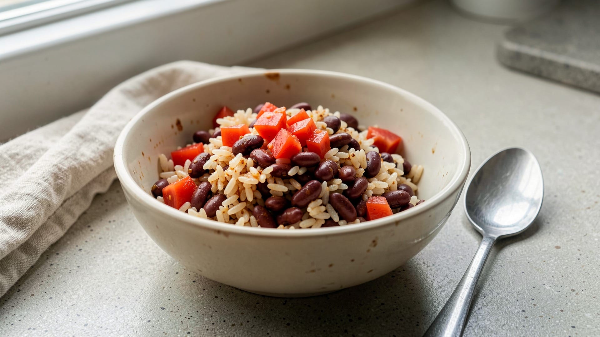 A bowl of rice, beans and red vegetables beside a spoon on a kitchen counter. AI-generated editorial illustration, not a photograph of a tested recipe.