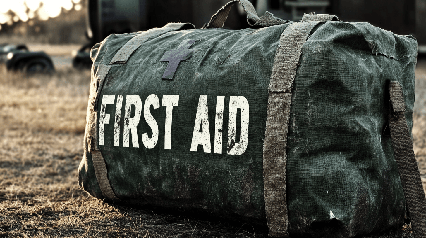 Realistic image of a rugged, weathered military-style first aid kit strapped securely with worn-out canvas straps, resting on a rough outdoor surface. The kit is green with faded white "FIRST AID" lettering and a medical cross symbol, slightly dirt-stained, indicating extensive field use. The reflective stripes on the bag are partially scuffed, showing signs of exposure to harsh conditions. In the background, blurred tactical gear and survival equipment are visible, adding context to a realistic emergency preparedness scene. The lighting is natural and slightly moody, capturing an authentic survivalist aesthetic. Captured with a Canon EOS R5, 50mm lens, f/2.8, ISO 600, ensuring sharp details and cinematic depth of field.