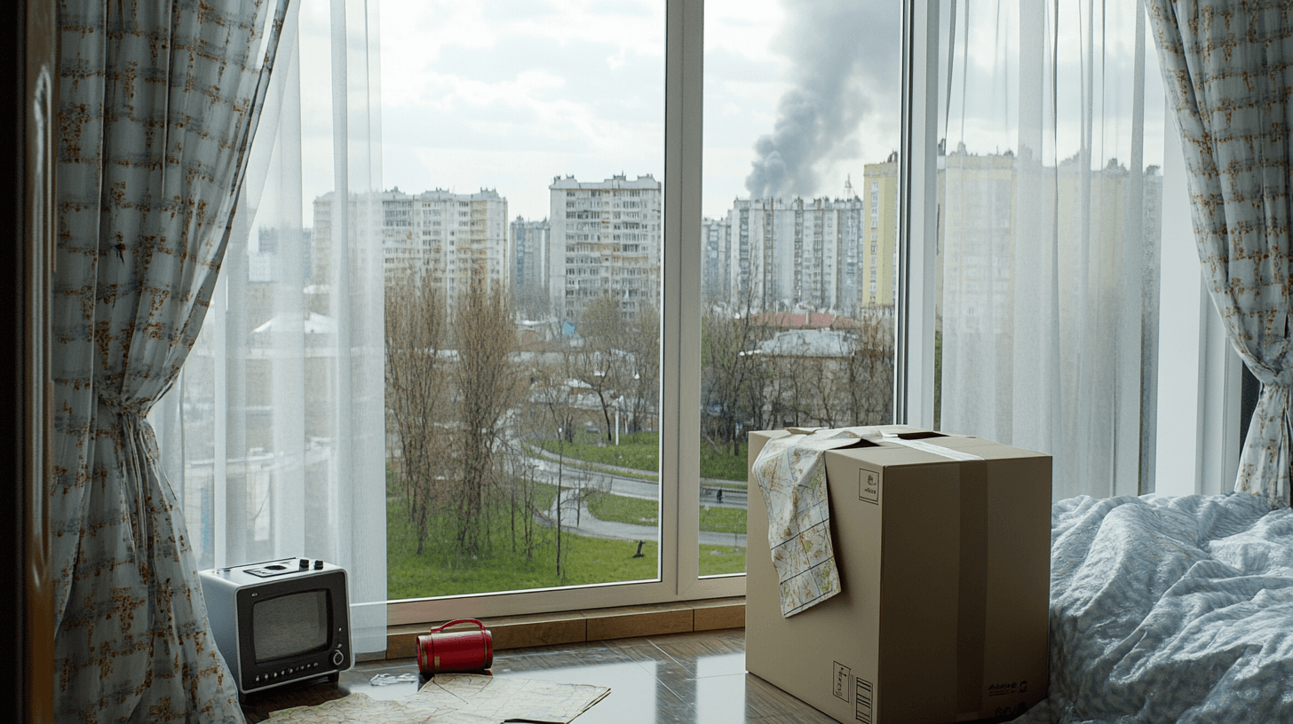 An interior room in a city apartment with curtains drawn, windows covered with blankets and cardboard from the inside, and furniture discreetly pushed against the door. A soft red flashlight lies beside a map and radio on the floor, casting a faint glow. Outside the window, smoke rises between nearby buildings under a cloudy, gray sky.