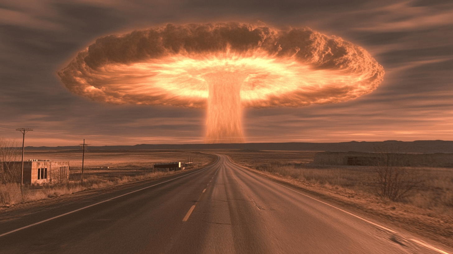 A massive nuclear mushroom cloud rises far on the horizon, its fiery core glowing against the darkening sky. The landscape in the foreground is eerily still--an empty highway stretches into the distance, abandoned buildings stand untouched, and the air is filled with an ominous haze.