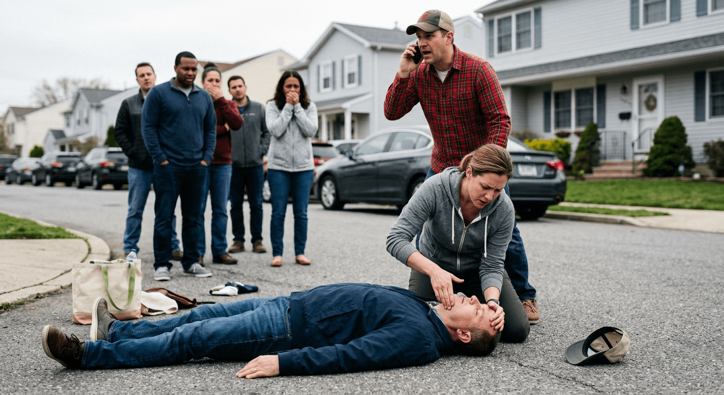 Unconscious adult lying on the ground in a suburban U.S. street after a chaotic event, one person kneeling beside them performing a head tilt–chin lift to open the airway, another bystander on a phone calling for help, small crowd standing back in confusion, scattered items on the pavement, tense and urgent atmosphere, natural overcast daylight
