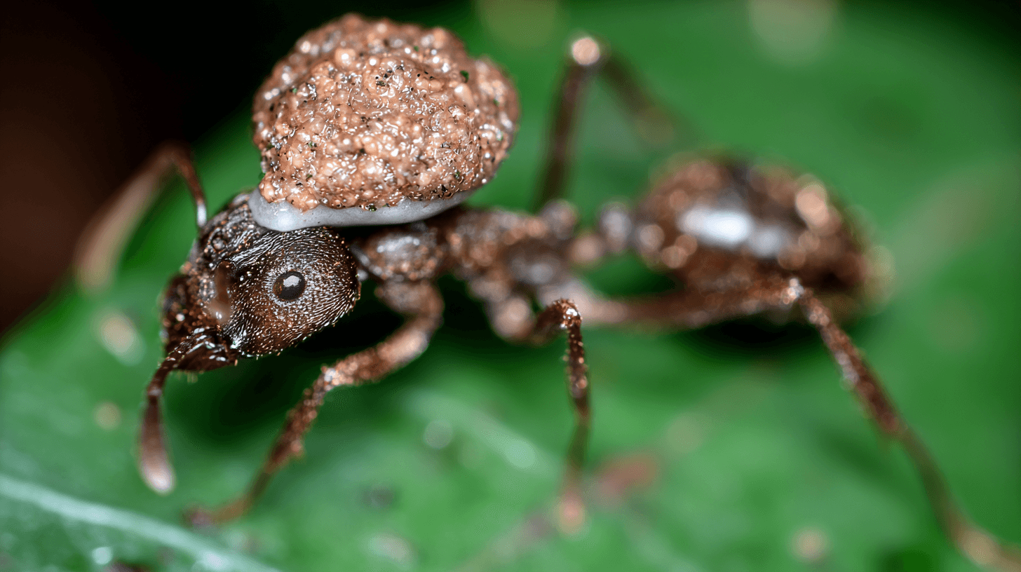A close-up of an ant clinging to a leaf, visibly infected by the Ophiocordyceps unilateralis fungus, with a fungal stalk emerging from its head, set against the lush, humid backdrop of a tropical rainforest; the scene captures the eerie beauty of nature's parasitic relationships, emphasizing the intricate details of the fungus and the ant's exoskeleton.