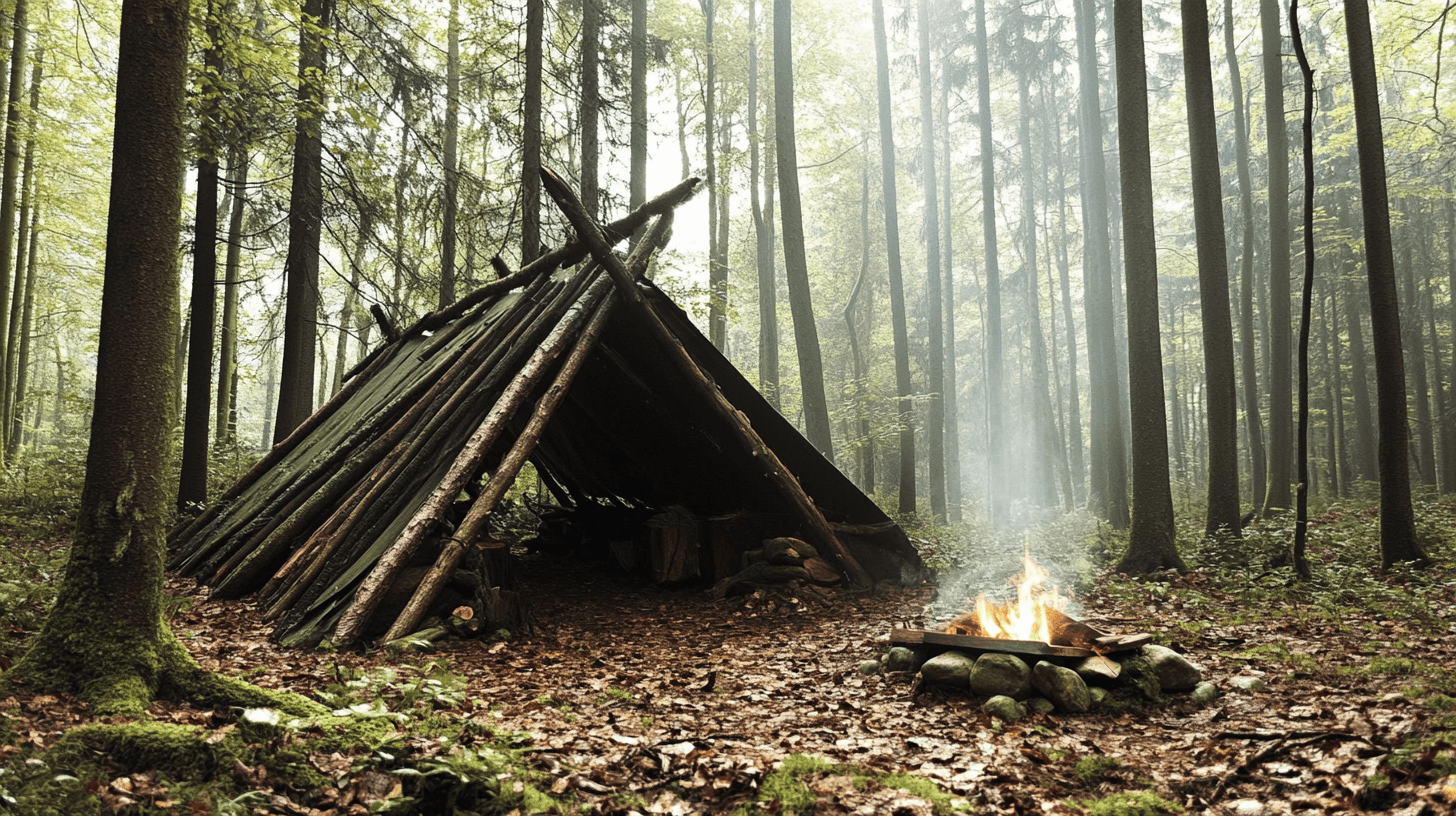 A hidden woodland survival camp deep in the forest, featuring a handmade lean-to shelter crafted from branches and bark. A small, carefully constructed fire pit sits nearby, surrounded by stones, with smoke rising gently into the crisp morning air. The dense forest in the background adds to the sense of isolation, with towering pine trees and scattered leaves covering the ground.