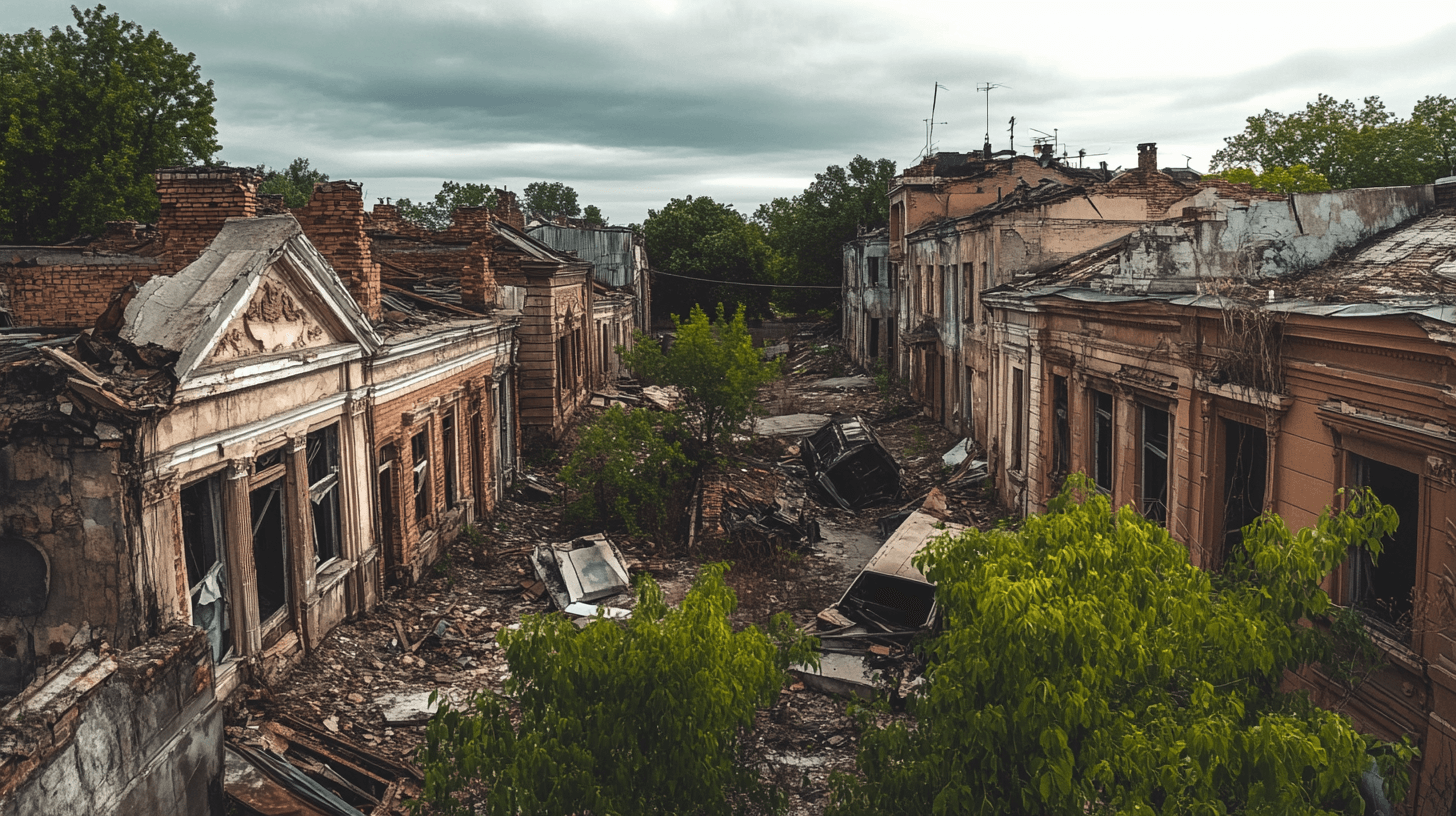 A small town devastated by disaster--collapsed buildings, overgrown streets, and abandoned vehicles covered in dust. Nature slowly reclaims the ruins, with vines creeping up cracked walls and trees growing through broken pavement. The sky is overcast, casting a somber and eerie mood over the once-thriving settlement.