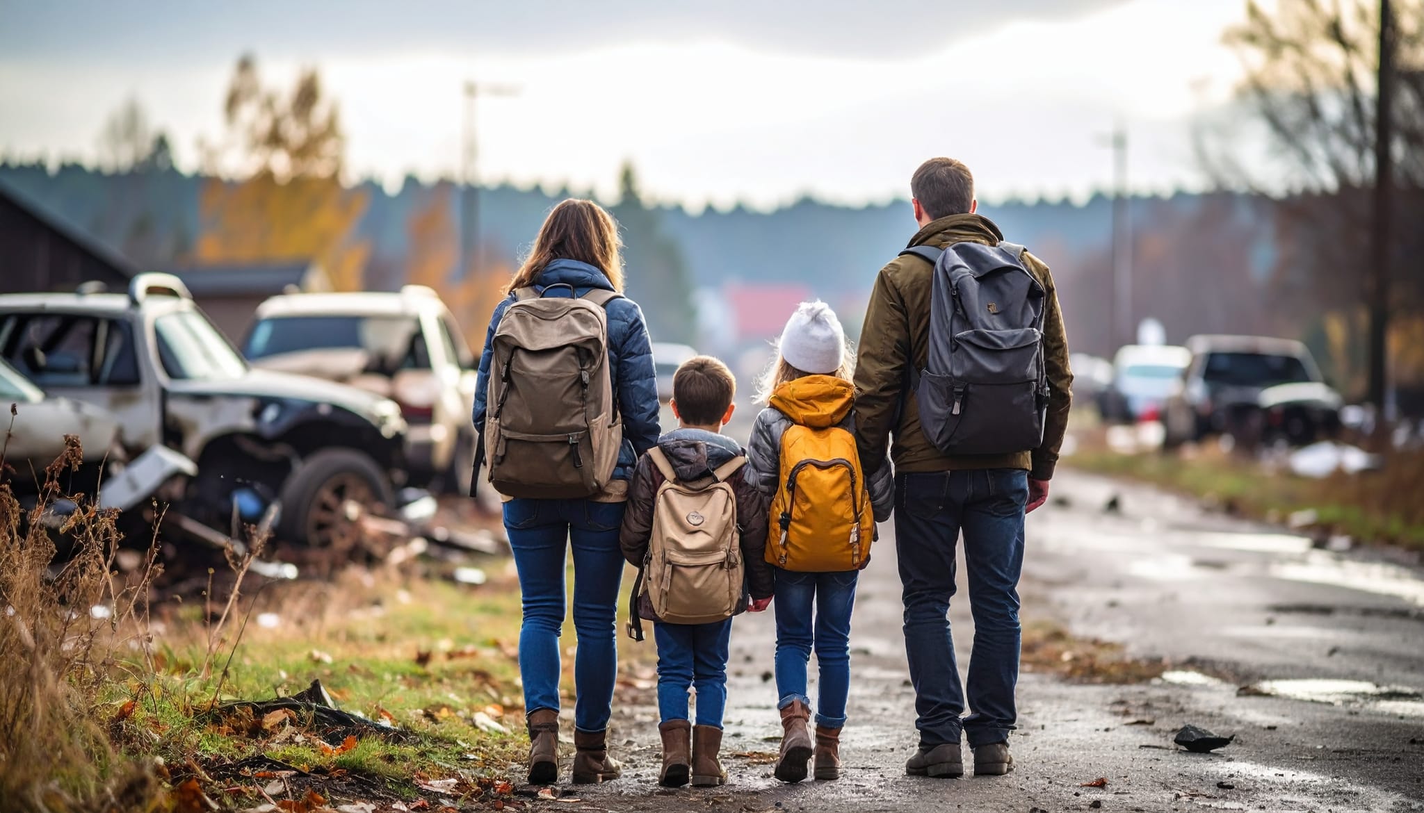 A family of survivors with backpacks deciding whether to leave a crumbling suburban neighborhood, overcast sky, abandoned cars, signs of looting in the background, expressions of urgency and fear, photorealistic detail, shallow depth of field