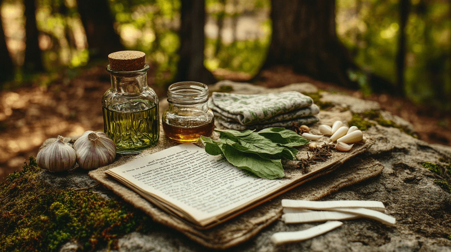 An outdoor survival scene showing a small, improvised wooden platform holding natural infection remedies: jars of honey, garlic cloves, dried plantain leaves, and a folded paper titled "herbal uses." Surrounded by mossy rocks and forest floor textures, with filtered sunlight through trees.