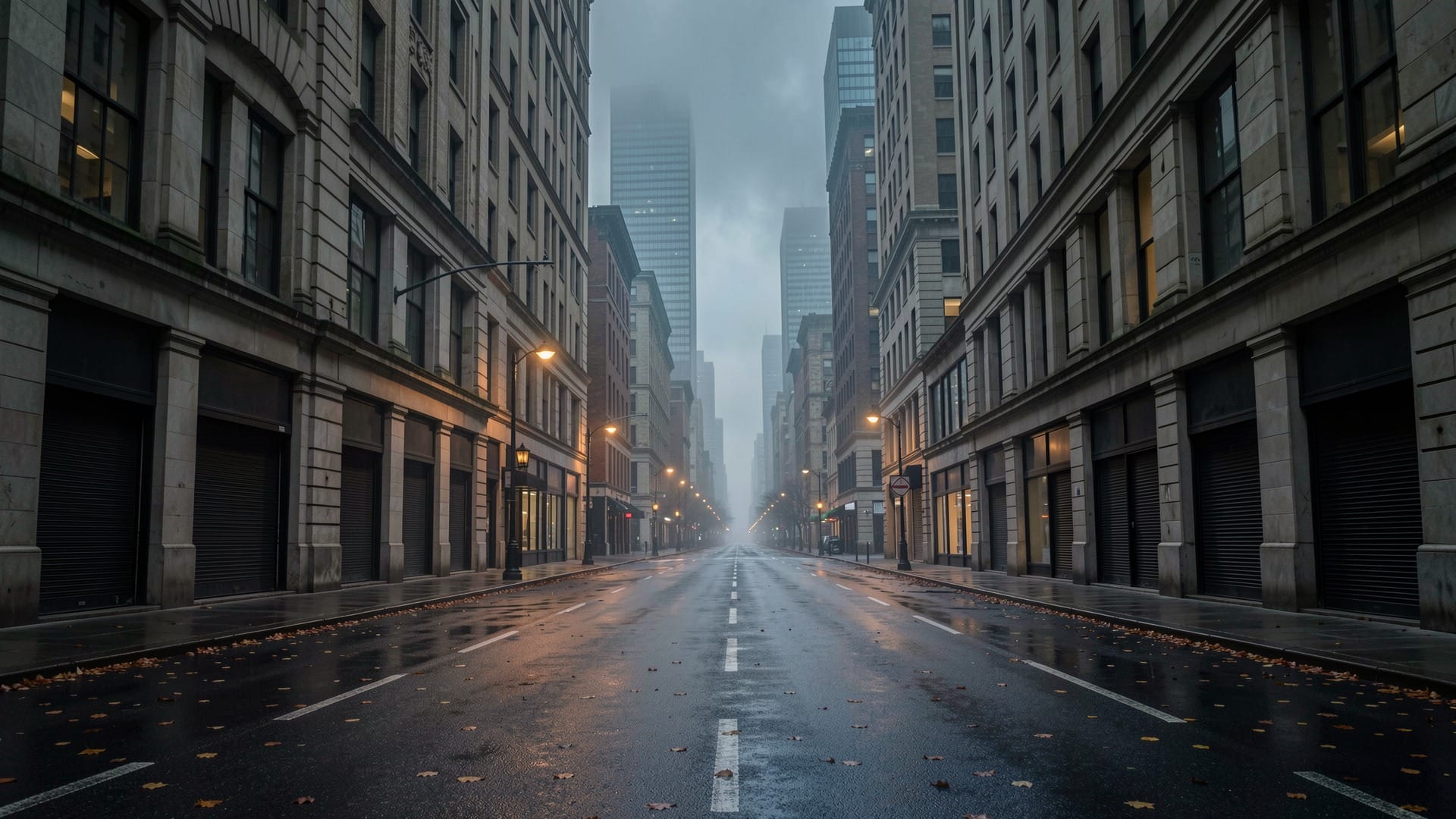 An empty city street with tall buildings, shuttered storefronts and wet pavement fading into dark mist. AI-generated illustration.