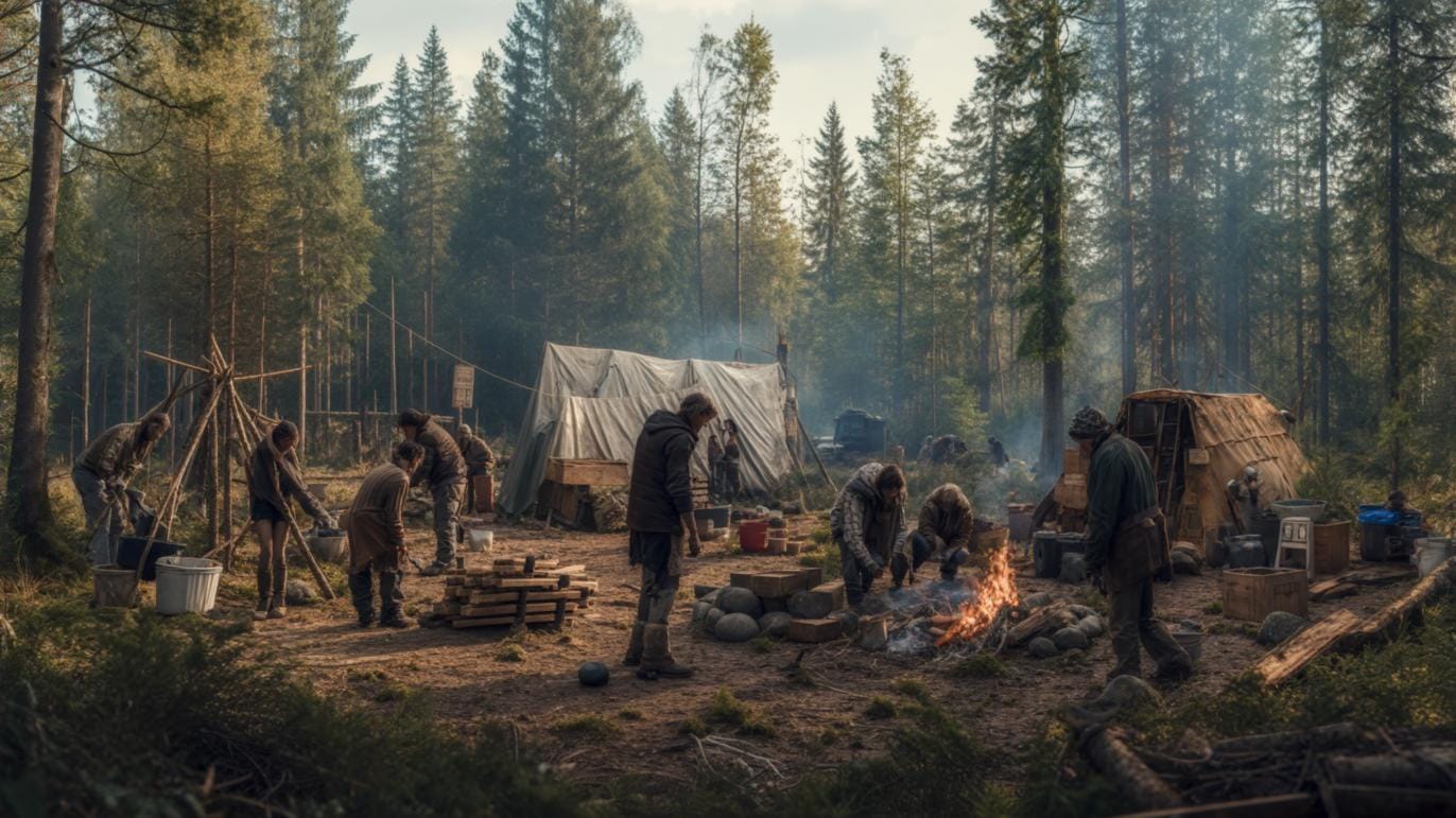 A small group of post-collapse survivors working together in a clearing—some are assembling a basic wooden shelter, others are sorting salvaged supplies or tending a communal fire. The people wear rugged, mismatched clothes, and their faces show fatigue but determination. Surrounding them are signs of rebuilding: rope lines, stacked firewood, and tools laid out. The background is forested and quiet.