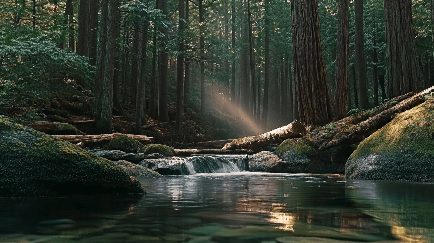 A dense, untouched forest with towering pine trees surrounding a crystal-clear river gently flowing through the landscape. Sunlight filters through the canopy, casting dappled shadows on the moss-covered rocks and fallen logs. Mist rises lightly from the water’s surface, creating a peaceful yet mysterious atmosphere.