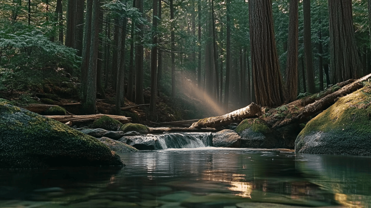 A dense, untouched forest with towering pine trees surrounding a crystal-clear river gently flowing through the landscape. Sunlight filters through the canopy, casting dappled shadows on the moss-covered rocks and fallen logs. Mist rises lightly from the water’s surface, creating a peaceful yet mysterious atmosphere.