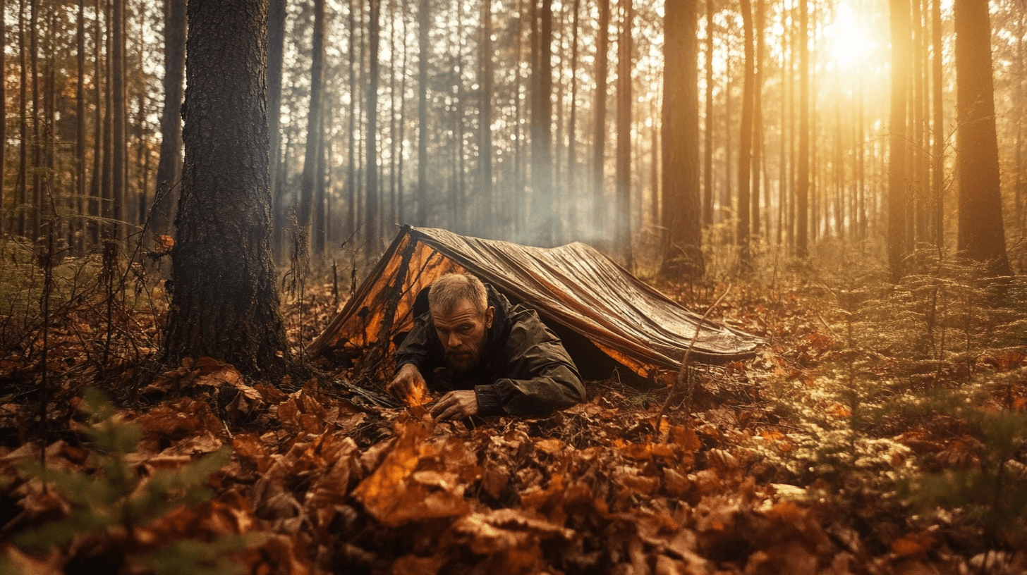 A rugged survivor starting a fire in a dense forest, his face determined and dirt-streaked. He wears a weathered jacket and carries a makeshift spear. Nearby, a small, hastily built shelter made of branches and leaves provides minimal protection.