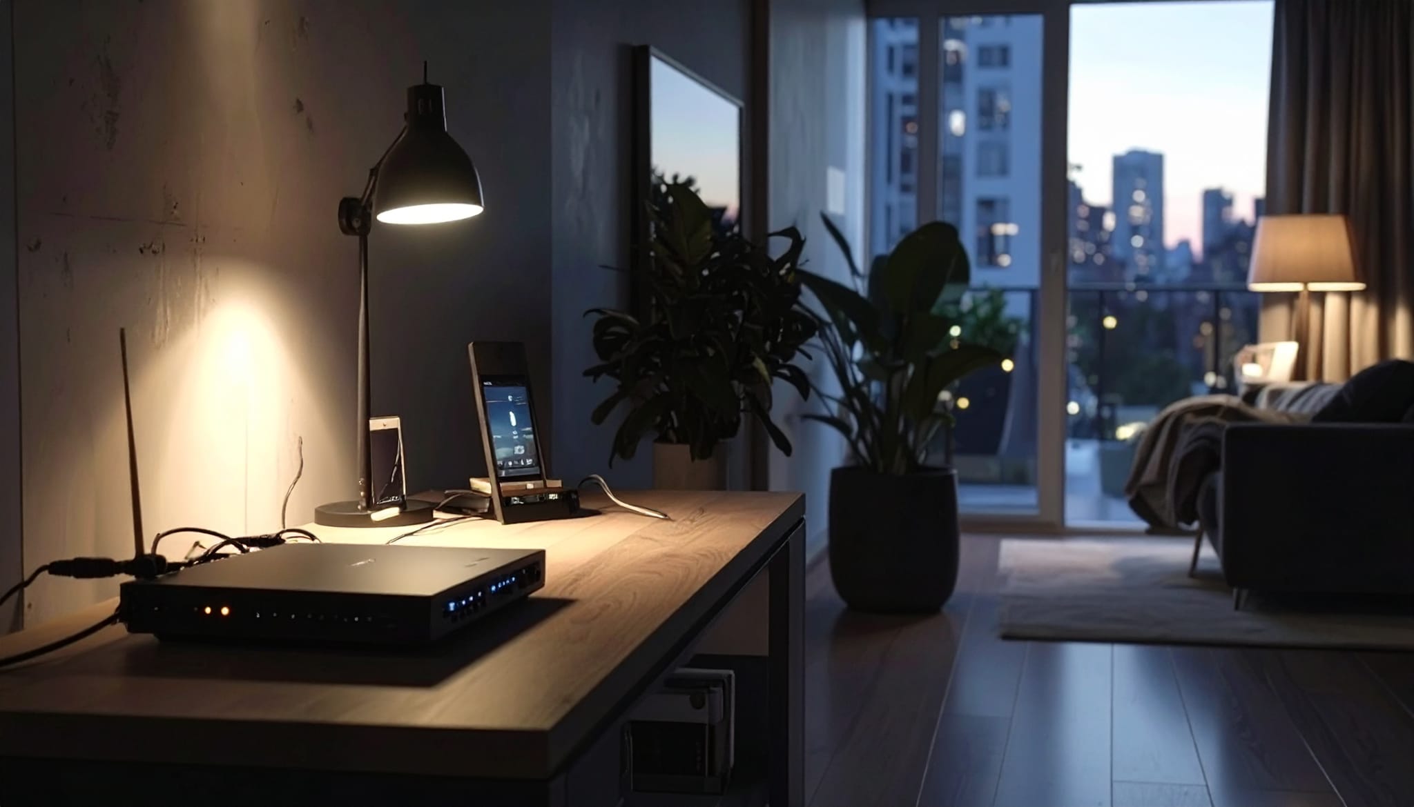 A realistic urban apartment hallway at dusk, a router flashing erratically on a side table with open lan cables, a smartphone next to it showing login attempts from unknown locations, soft ambient lighting casting long shadows, everyday household setting, photorealistic, immersive documentary feel, National Geographic style