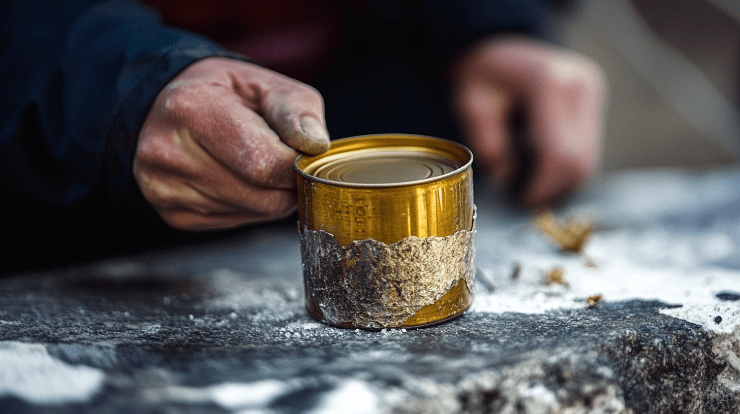 A close-up of a rugged survivalist pressing a sealed can firmly against a rough concrete surface, slowly grinding it back and forth to wear down the lid’s seam. The can's metal edges appear slightly worn, with small shavings visible around it. The background is blurred but suggests an outdoor survival setting. Shot with a